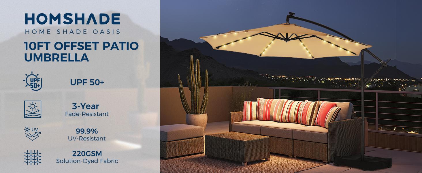 [With Base] 10ft Offset Outdoor Patio Umbrella with Base & Solar Light, Easy Tilt & Crank, Adjustable UPF 50+ UV Protection for Garden, Backyard & Poolside