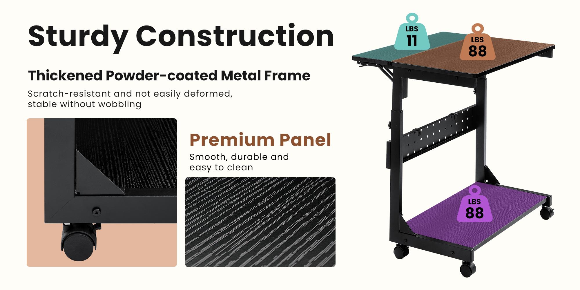 2-Tier Tower Stand, Height Adjustable PC Stand, Computer Cart with Folding Panel, Side Table with Wheels, Pegboard, Hooks and Mouse Pad