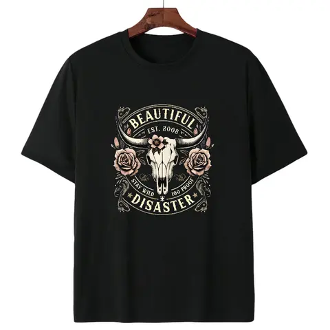 Women's Western Cowboy Graphic T-Shirt - Black Short Sleeve Crew Neck Top with Bull Skull & Floral Design, "" Vintage 2008 Text, Casual Spring/Summer Tee for Outdoor & Casual Attire