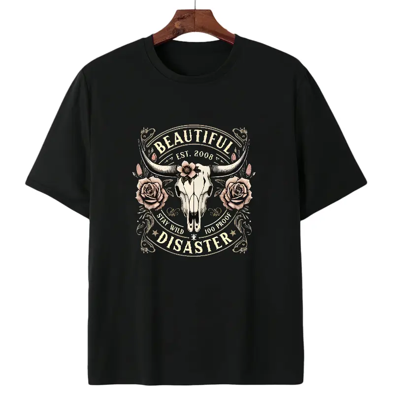 Women's Western Cowboy Graphic T-Shirt - Black Short Sleeve Crew Neck Top with Bull Skull & Floral Design, "" Vintage 2008 Text, Casual Spring/Summer Tee for Outdoor & Casual Attire