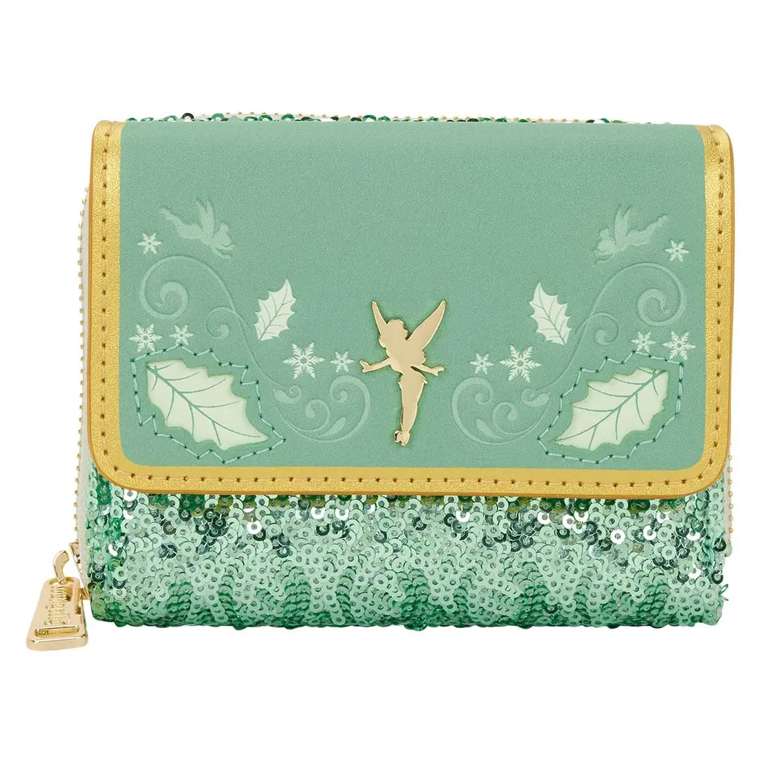 Loungefly Disney Peter Pan Tinker Bell Holiday Sequin Tri-Fold Wallet, Wallet Purse, Artificial Faux Women's Wallets