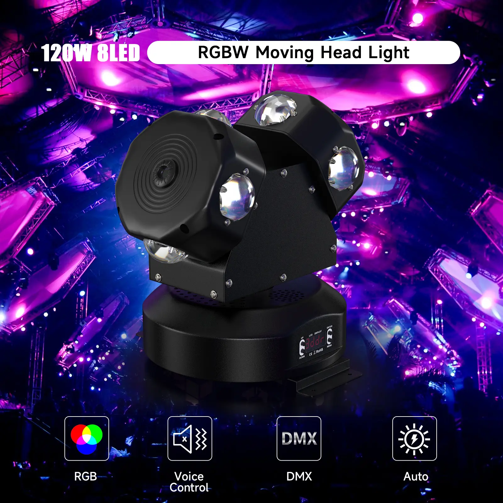 Areyourshop 120W 8-LED Moving Head Beam Light - 540° Rotating Super Bright RGBW Color Changing Unit with Adjustable LEDs, RGB LED Effects, Built to Last for Home Parties, Events, Light Up Your Space