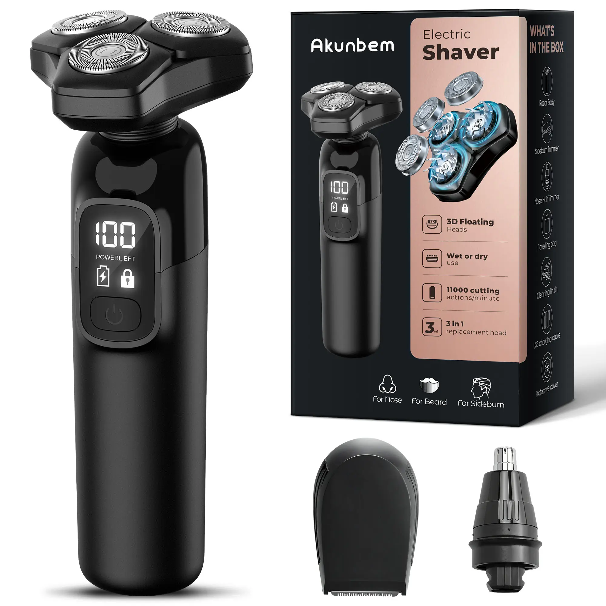 Akunbem Electric Razor for Men  3-in-1 Cordless Shaver 3-Blade Rotary Shavers Wet/Dry for Beard Nose & Face, IPX7 Waterproof Fast Charge Travel Trimmer Grooming Set ,Groin Hair Trimmer,for Men&Bald Head Shaving,Husband Gift, Birthday, Halloween &Christmas