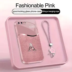 Luxury Pink Phone Case with Lanyard Initial Letter A-Z Cover for iPhone 8 Plus --975