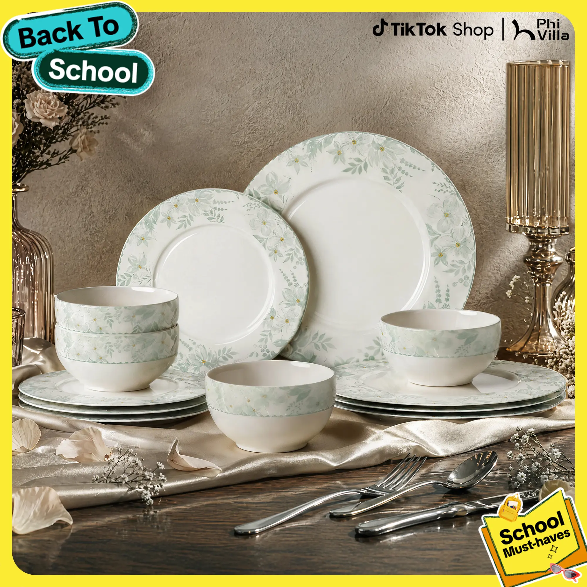 Kitchen Academy 12-Piece Bone China Dinnerware Set Service for 4, Delicate Porcelain, Lightweight, Microwave and Dishwasher, Wedding & Housewarming Gift, White