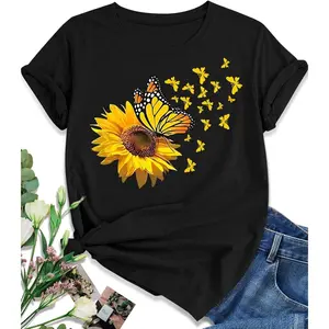 Women's sunflower heart design, romantic, nature-inspired Graphic T-Shirt - Short Sleeve Crew Neck Regular Fit Casual Wear | Soft & Breathable Fabric, Durable Print, Everyday Comfort, Machine Washable