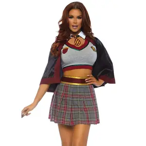 Leg Avenue Spellbinding School Girl Costume with Cape, Crop Top, High Waist Skirt, and Plaid Skirt for Halloween