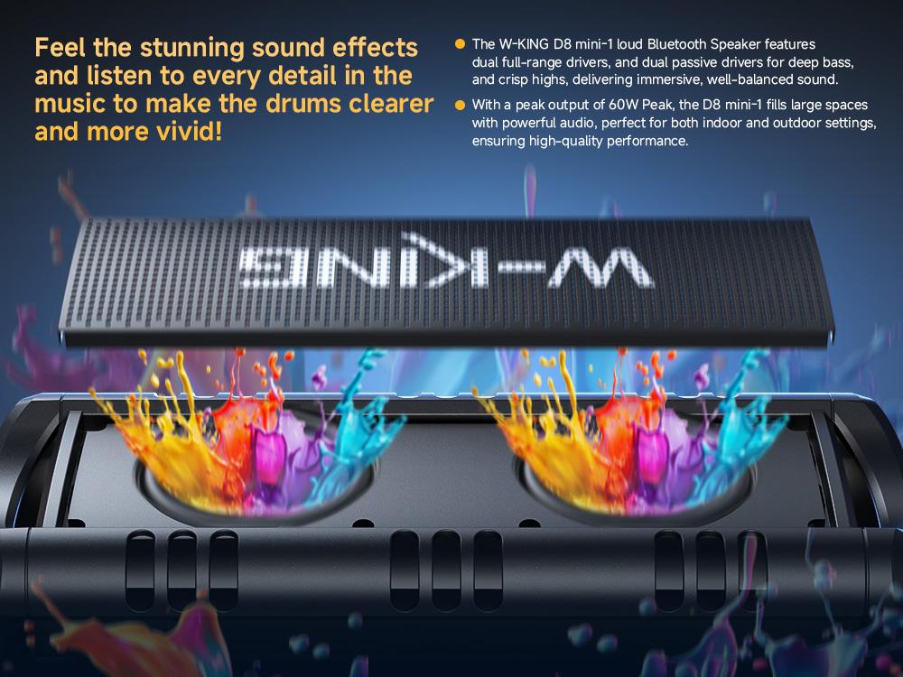 W-KING 60W Peak D8 Mini Portable Bluetooth Speaker, IPX6 Waterproof, 30W Wireless, 24-Hour Playtime, Powerful Bass, NFC, TF Card, USB Playback, Built-in Mic, AUX-IN, for Home, Outdoor Adjustable Subwoofer