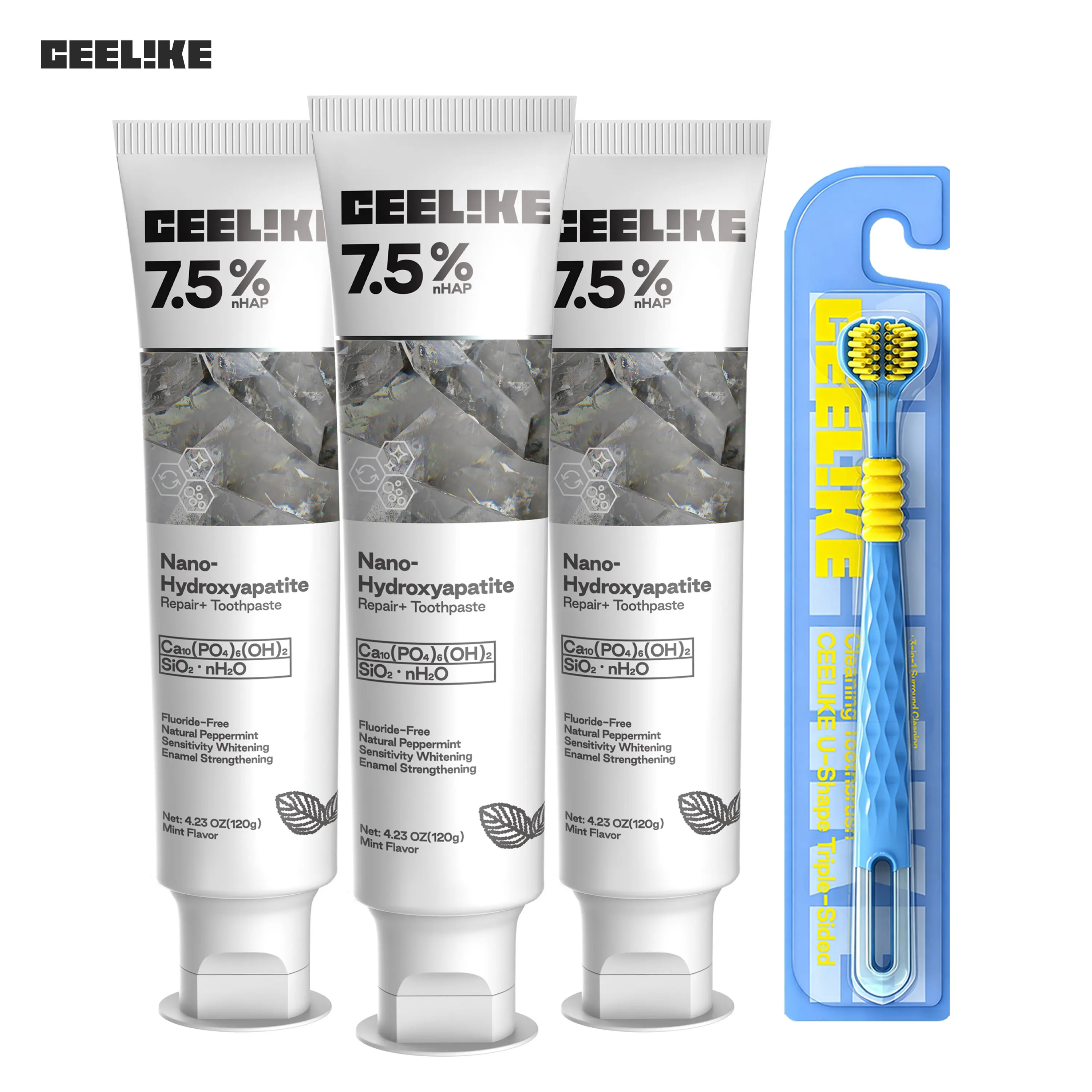 CEELIKE Remineralizing Dental Care Set with Hydroxyapatite Toothpaste (3-Pack) and Soft Brush for Gentle Gums, Remineralizing Gum Oral Care Kits