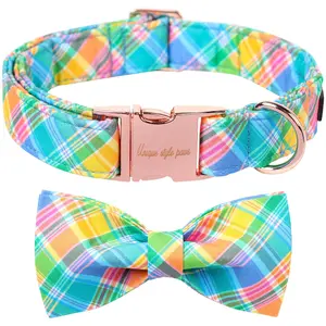 Unique Style Paws Easter Dog Collar with Bow Easter Eggs & Chick Pattern Collar with Flower for Small Medium & Large Dogs Premium Cotton Material Soft Skin Friendly