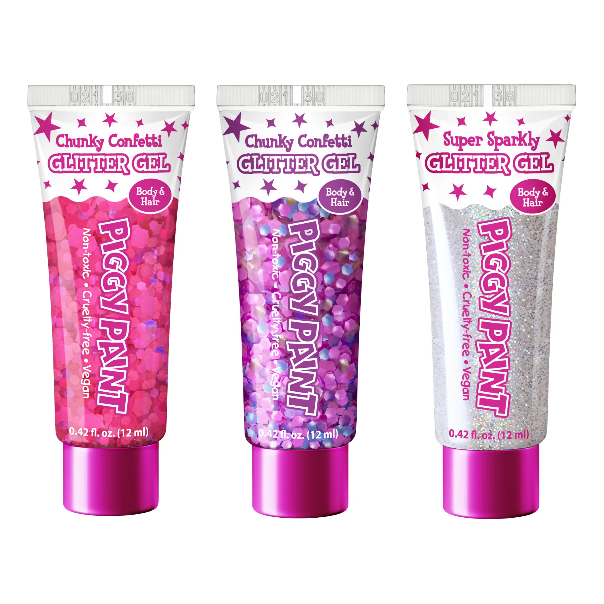 Piggy Paint Sparkle Squad Glitter Gel 3-Pack - Neon Pink, Purple, & White - Non-Toxic, Cruelty-Free, Vegan - Perfect for Parties & Playtime - Mess-Free Application - Long-Lasting Formula