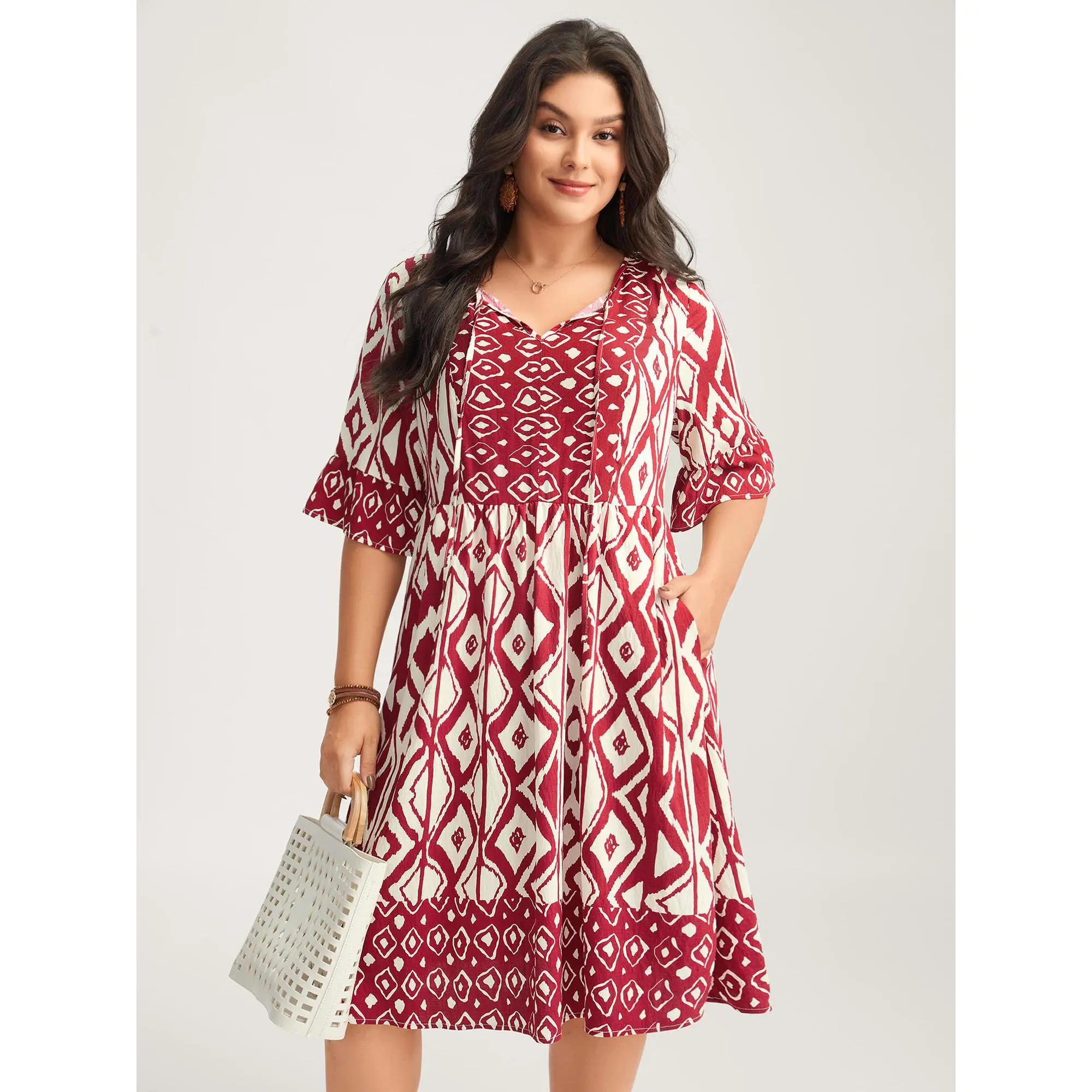 【Pocket Approved】 BLOOMCHIC Rayon Geometric Print Midi Dress Casual Fit Swimweek, summeroutfits,vacationoutfits,beachoutfits Fit Fabric,Summerfinds