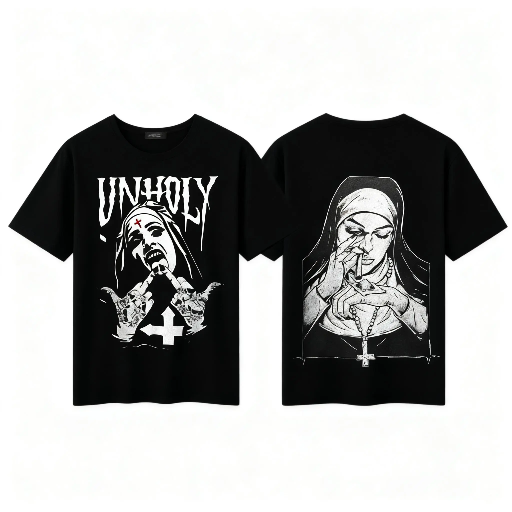 Unholy Nun Graphic Cotton T-Shirt - Casual Short-Sleeve Aesthetics Fabric Edgy Gothic Streetwear, Alternative Fashion Lovers Bold Dark Art Tee, S-3XL