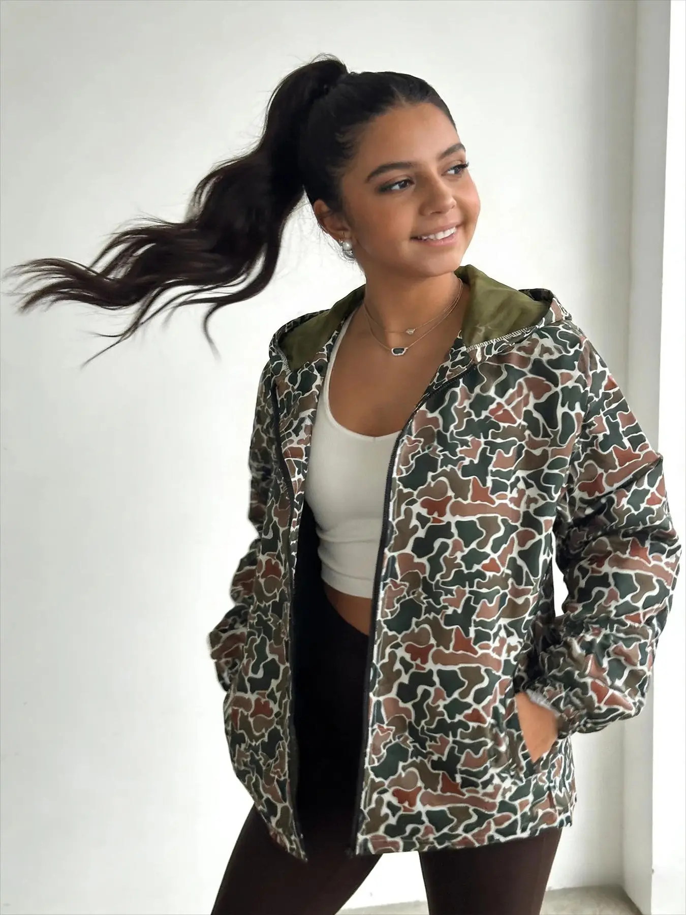 Women's Lightweight Camouflage Hooded Jacket - Casual Loose Fit, Full Front Zip & Side Pockets, Durable Polyester, Stand Collar, Ideal for Spring & Fall, Outdoor Clothing | Sporty Jacket | Polyester Jacket