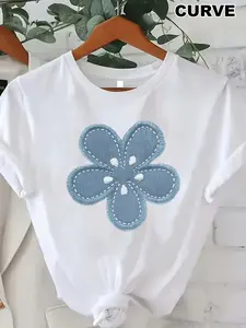 Plus Size, Women's Plus Size Blue Flower, Floral PatternPrint TShirt Casual Short Sleeve Round Neck Top, Medium Stretch Fabric, Machine Washable, AllSeason Comfort Fit, Ladies T Shirts, Statement Graphic Tee, Comfortable Fit