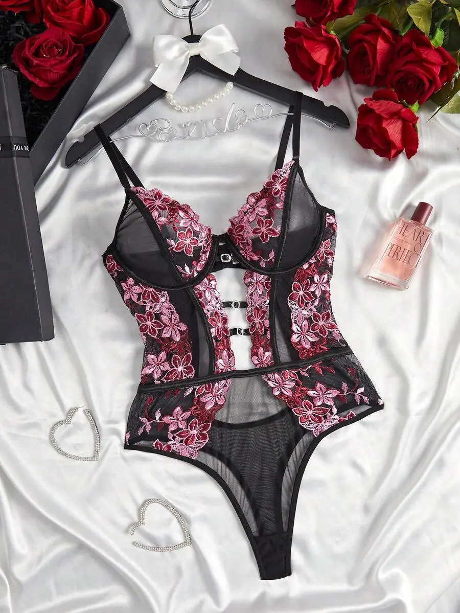 SHEIN 1pc Women's Sexy Lingerie Floral Embroidery Mesh Bodysuit