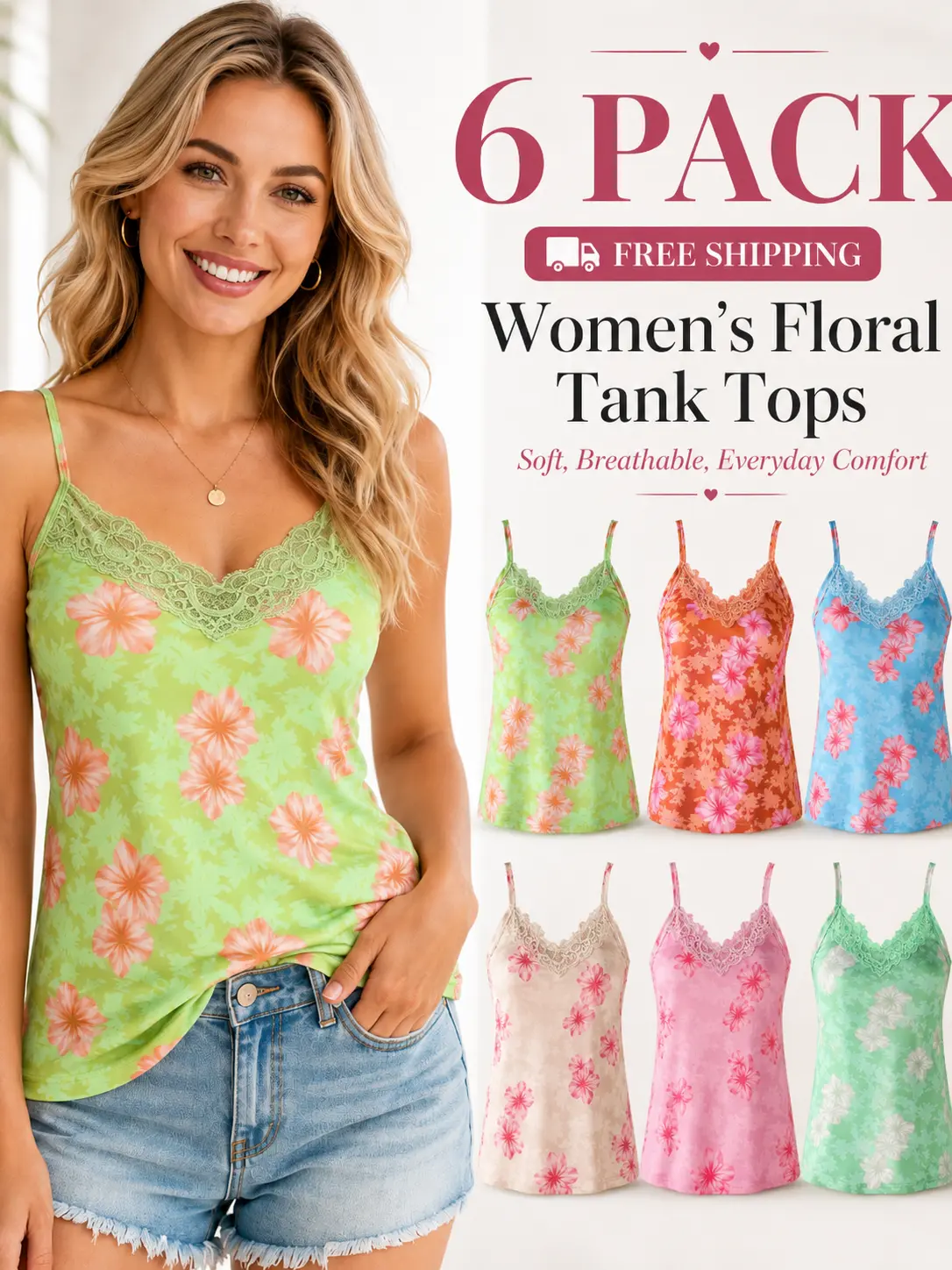 【6 Pack】Women's Floral Camisole Tank Tops with Free Shipping, Lace Trim V Neck Spaghetti Strap Summer Tops for Women, Cute Casual Sleeveless Shirts, Soft Breathable Layering Tops, Trendy Y2K Vacation Outfits, Everyday Basic Tops for Women Teens