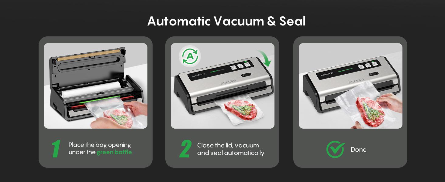 FRESKO AutoMax V6 Automatic Vacuum Sealer Machine, Double Heat Seal Food Saver with Built-in Cutter & Bag Storage, Includes Bags & Rolls