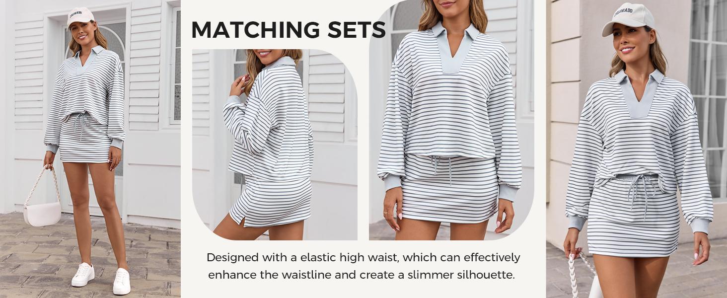 Fisoew Womens Striped 2 Piece Outfits Casual Sweatshirt Skirt Set Long Sleeve Skort Workout Set Matching Lounge Sets SpringStatements
