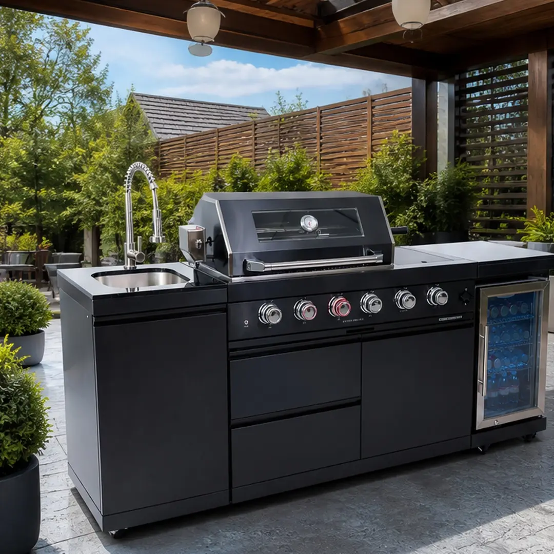 85-Inch Barbecue Grill Island, Traditional Stainless Steel All-in-1 Outdoor Kitchen with 4-Burner Ceramic Grill, Refrigerator, Sink & Granite Countertops, Outdoor Cooking Equipment, Grilling Set