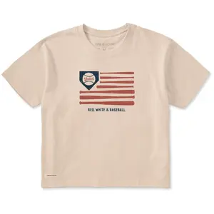 Women's Red White & Baseball Flag Short Sleeve Crusher Boxy Tee