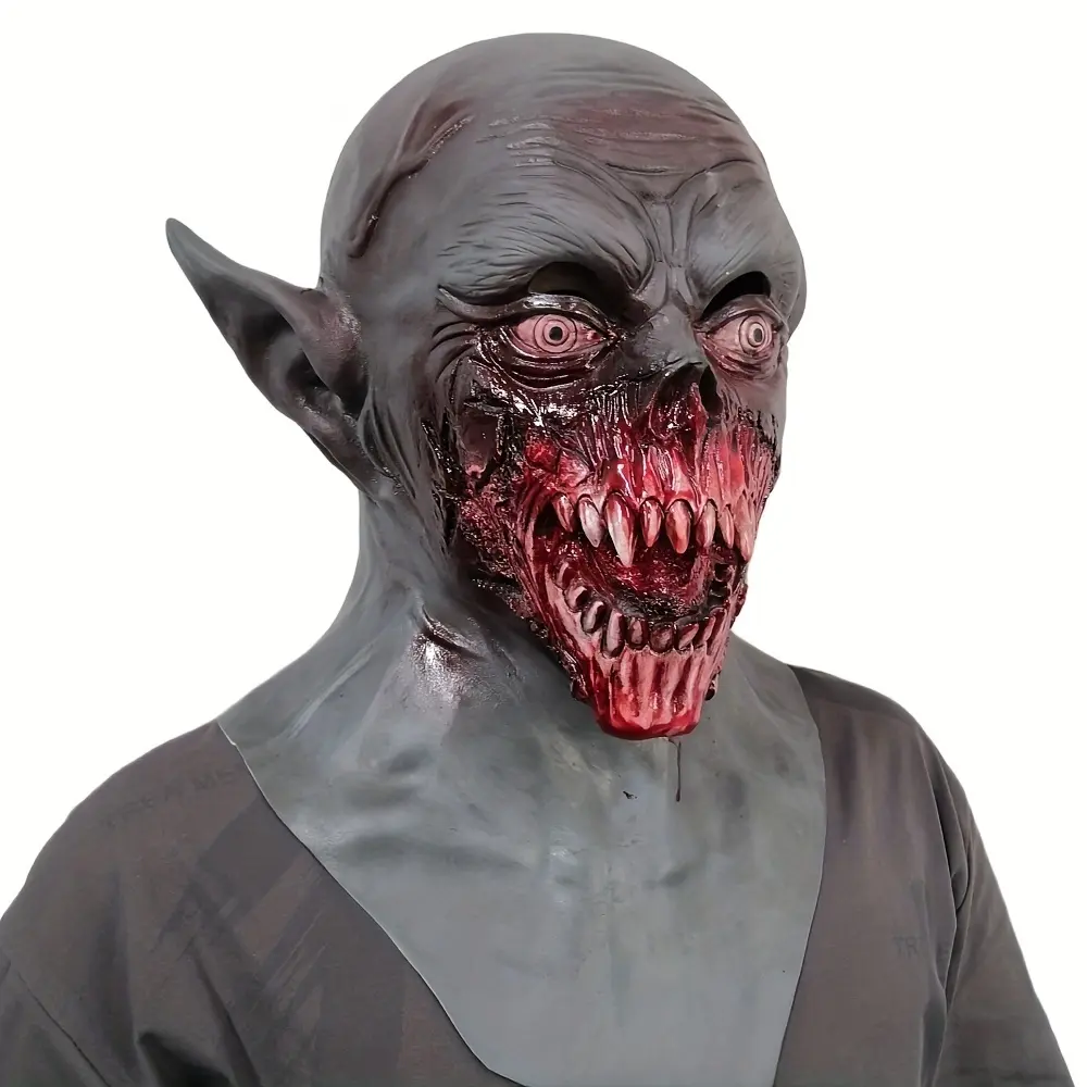 Natural Latex Full Neck Creepy Realistic Horror Vampire Mask - Demon Zombie Headgear with Demon-Like Realism, Realistic Bite Look, Zombie Horror Vibe for Halloween Cosplay, Party Supplies Accessories X24053A