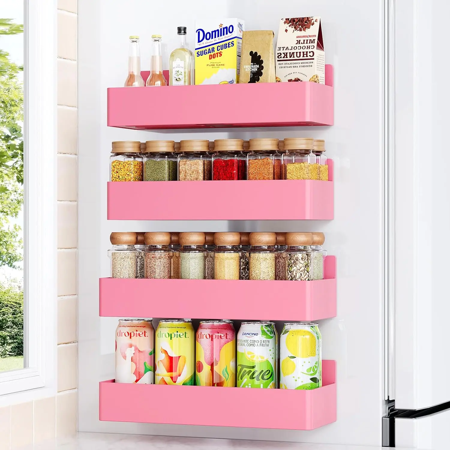 4 Pack Magnetic Water Bottle Holder for RefrigeratorFridge Organizer for Stanley Cups & Tumblers, Kitchen Cup Storage Rack, Space Saving Drinkware Organizer, White