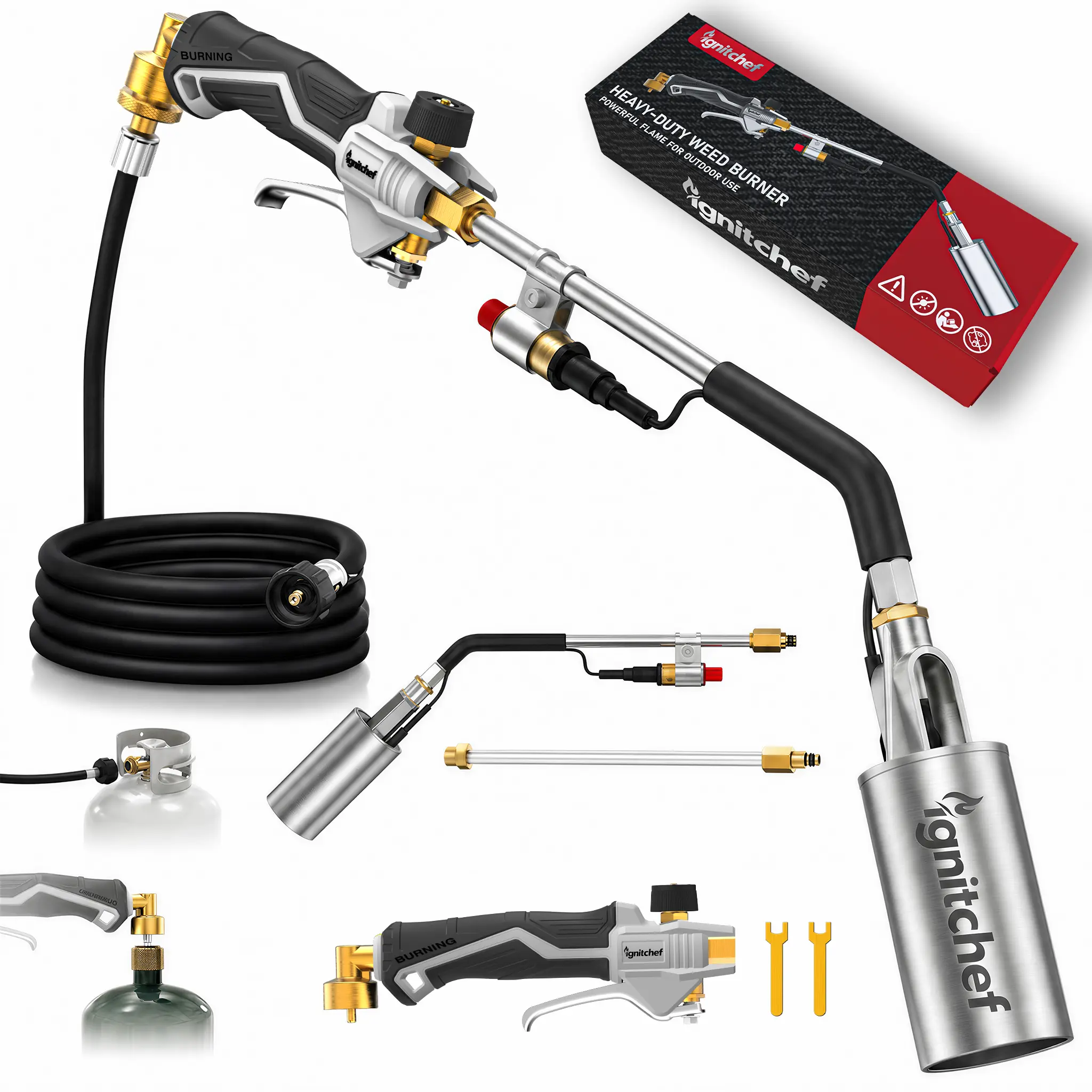 High Power Weed Propane Torch, 340,000BTU Heavy Duty Blow Torch Flamethrower with 2 Extension Modes & 12.5FT Hose，Weed Torch with Self Igniter for Weeding, Roofing, Snow Melting, BBQ
