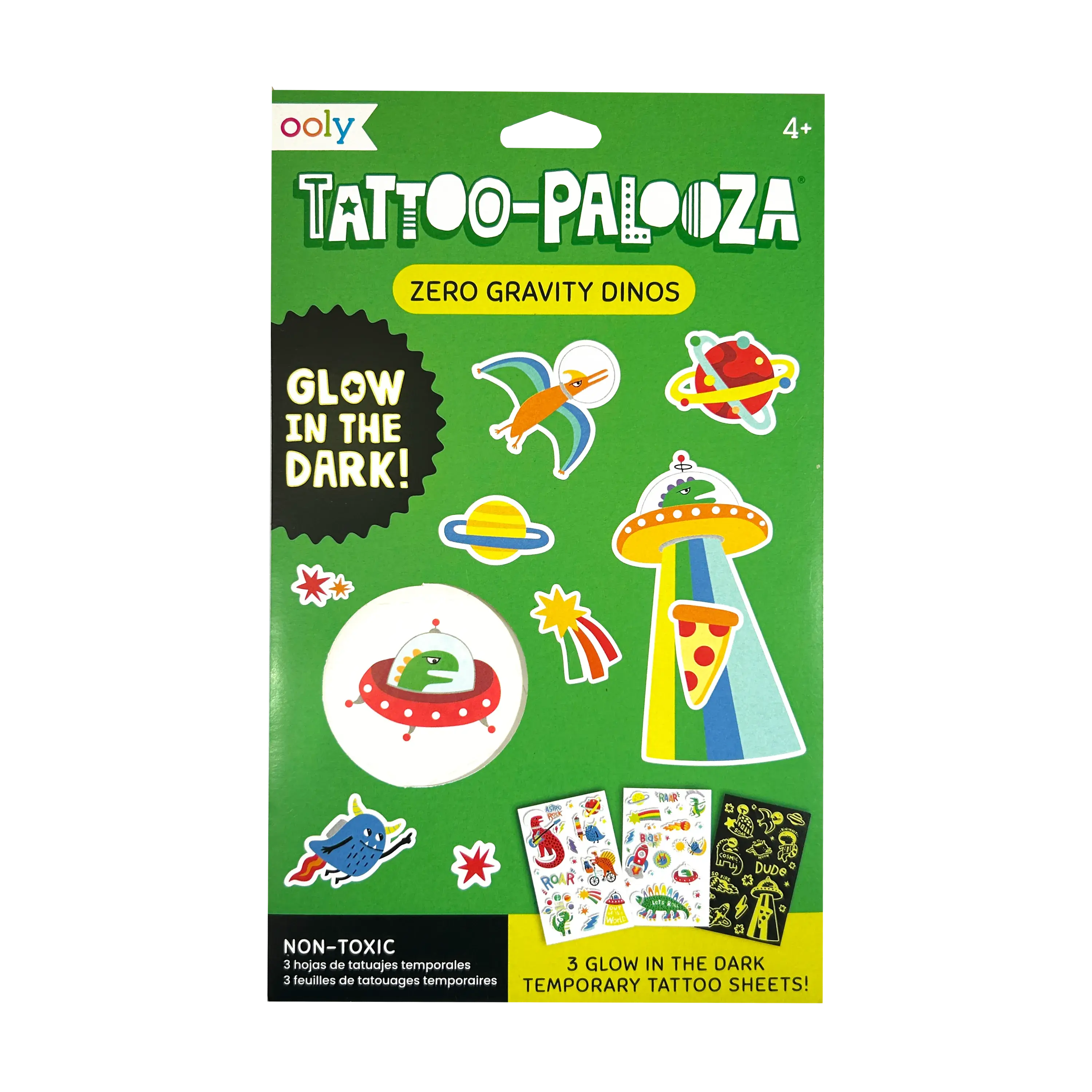 OOLY Tattoo-Palooza Glowing Ink Temporary Tattoos - Zero Gravity Dinosaurs, Astronauts Designs, 3 Sheets, Non Toxic Kids Toys for Playdate, Birthday Party