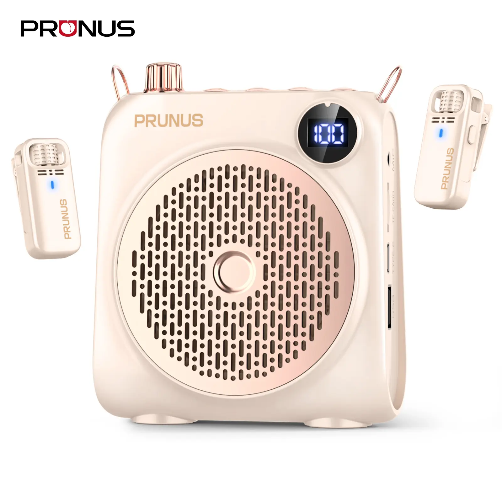 PRUNUS A15 Audio Voice Amplifier Set for Teachers, 2 Magnetic Wireless Lavalier Microphones, 4000mAh Rechargeable Bluetooth Speaker, 18H Playtime, Portable Business Device with Rechargeable Batteries (Yes) for Coaching, Meetings, Compact