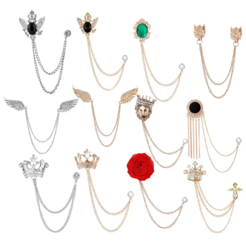 12Pcs Tassel Chain Brooch Collar Pins Rose Flower Rhinestone Angel Wings Wolf Head Hanging Chains for Suit Lapel Tuxedo Shirts Tie Hat Scarf Brooch Pin Fashion Jewelry for Men's Accessories