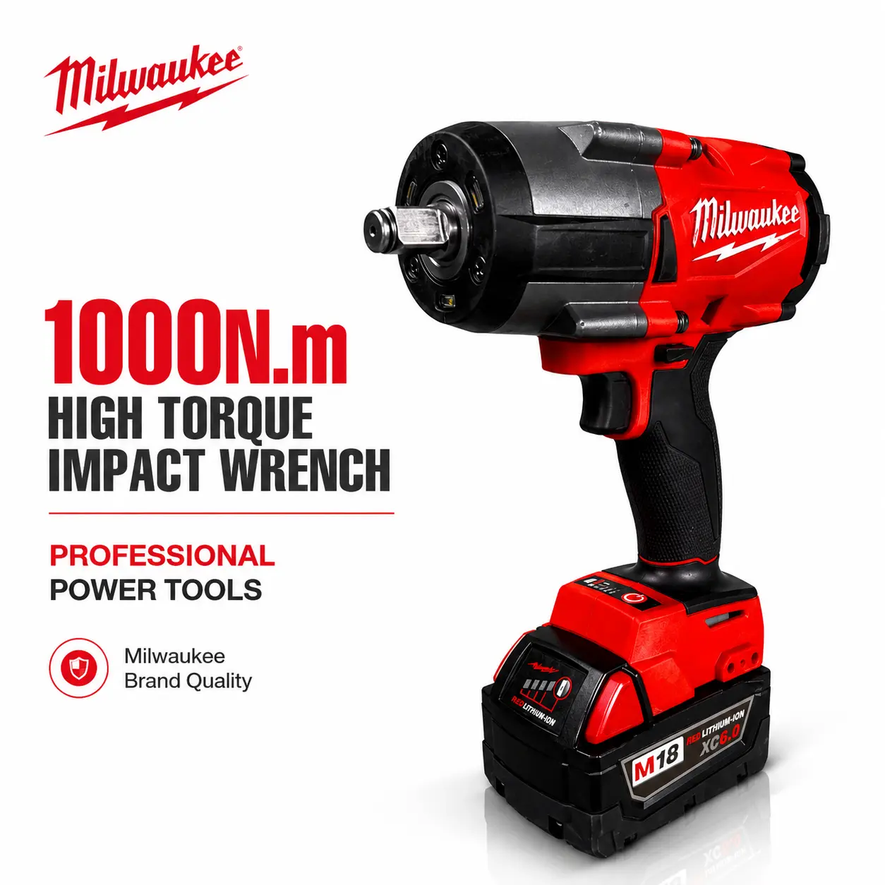 Milwaukee M18 1000Nm High Torque Cordless Impact Wrench Complete Kit Included, 1/2 in Square Drive, 0-2000RPM, 0-2400IPM, Battery & Charger for Heavy Duty Automotive Repair, Construction Fastening, Charger Kit, 1000N.m