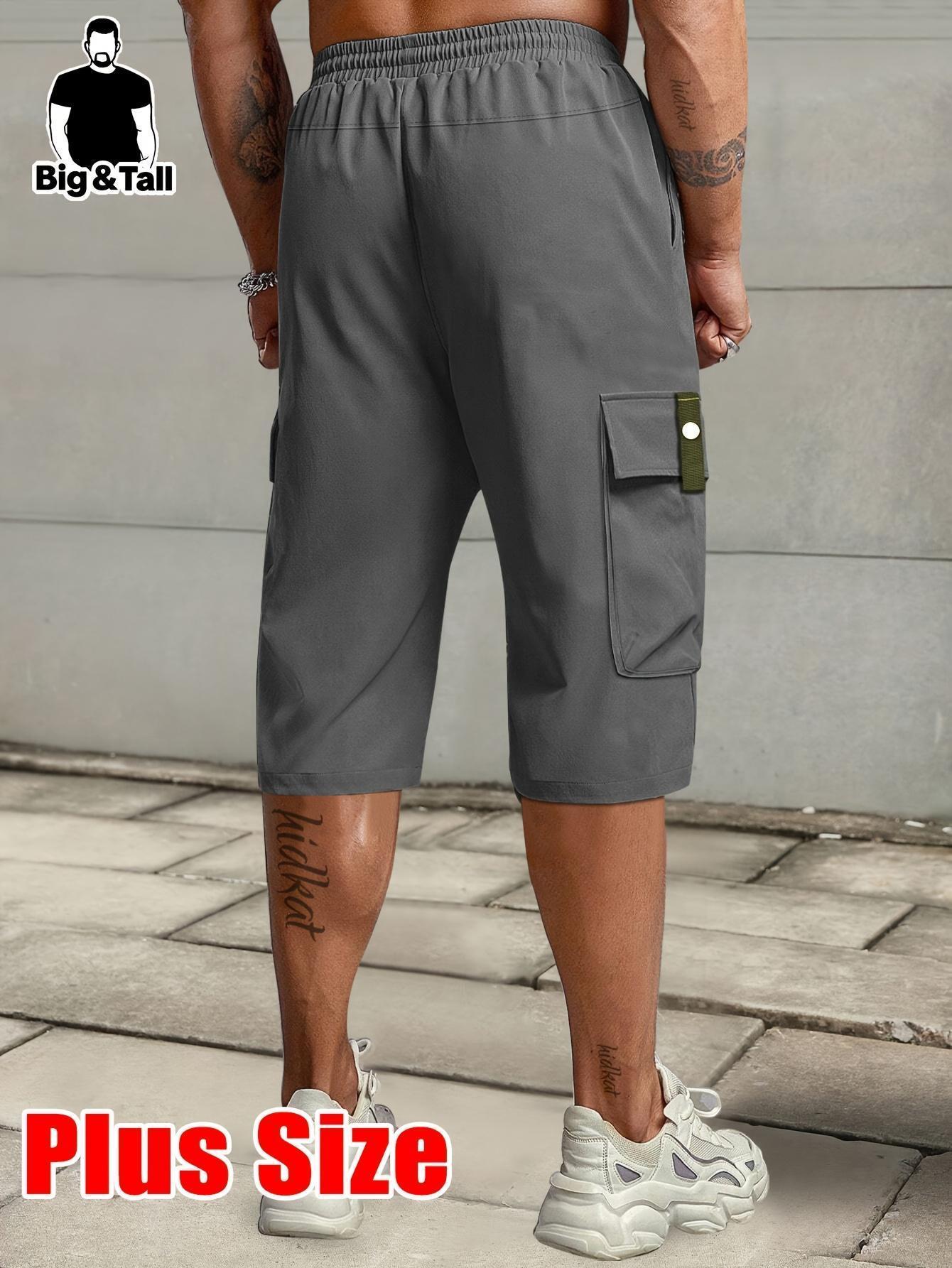 Men's plus size summer work pants - elastic drawstring waist circumference, multiple pockets and letter patches, regular mid waist non elastic fabric, opaque, suitable for daily and casual wear, Father's Day gift casual pants for summer