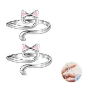 Crochet Ring for Finger Yarn Guide, 2 Count Adjustable Cat Design Knitting Loop Crochet Ring, Knitting Accessory