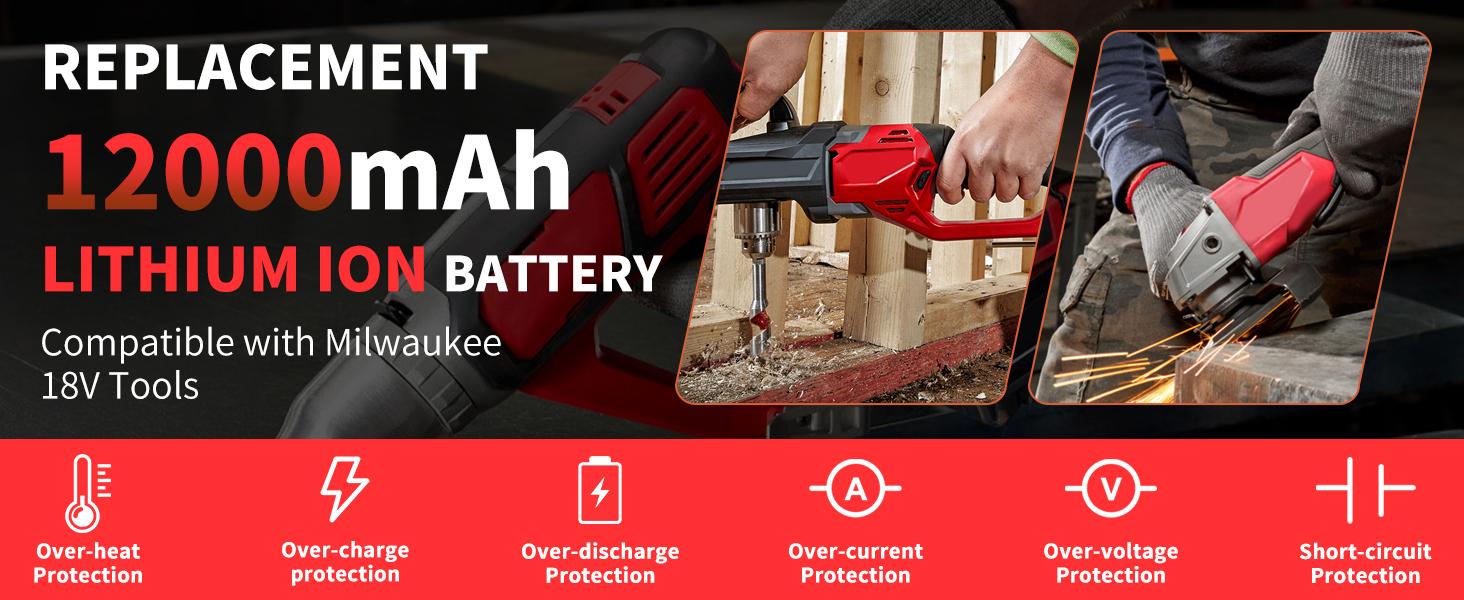 12.0Ah 12000mAh Extended Runtime Battery, Direct 18V Replacement for Milwaukee M-18 Power Tools