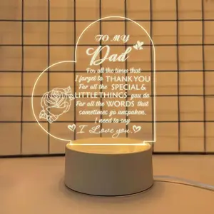 To My Dad Acrylic Night Light - Heart-Shaped Rose Engraved Lamp, Father's Day Birthday Gift from Daughter Son, USB Powered Bedroom Decor with "I Love You" Quote surprise Pink Valentine's Door Hanger Wreath small holiday decorative party farmhouse style,su