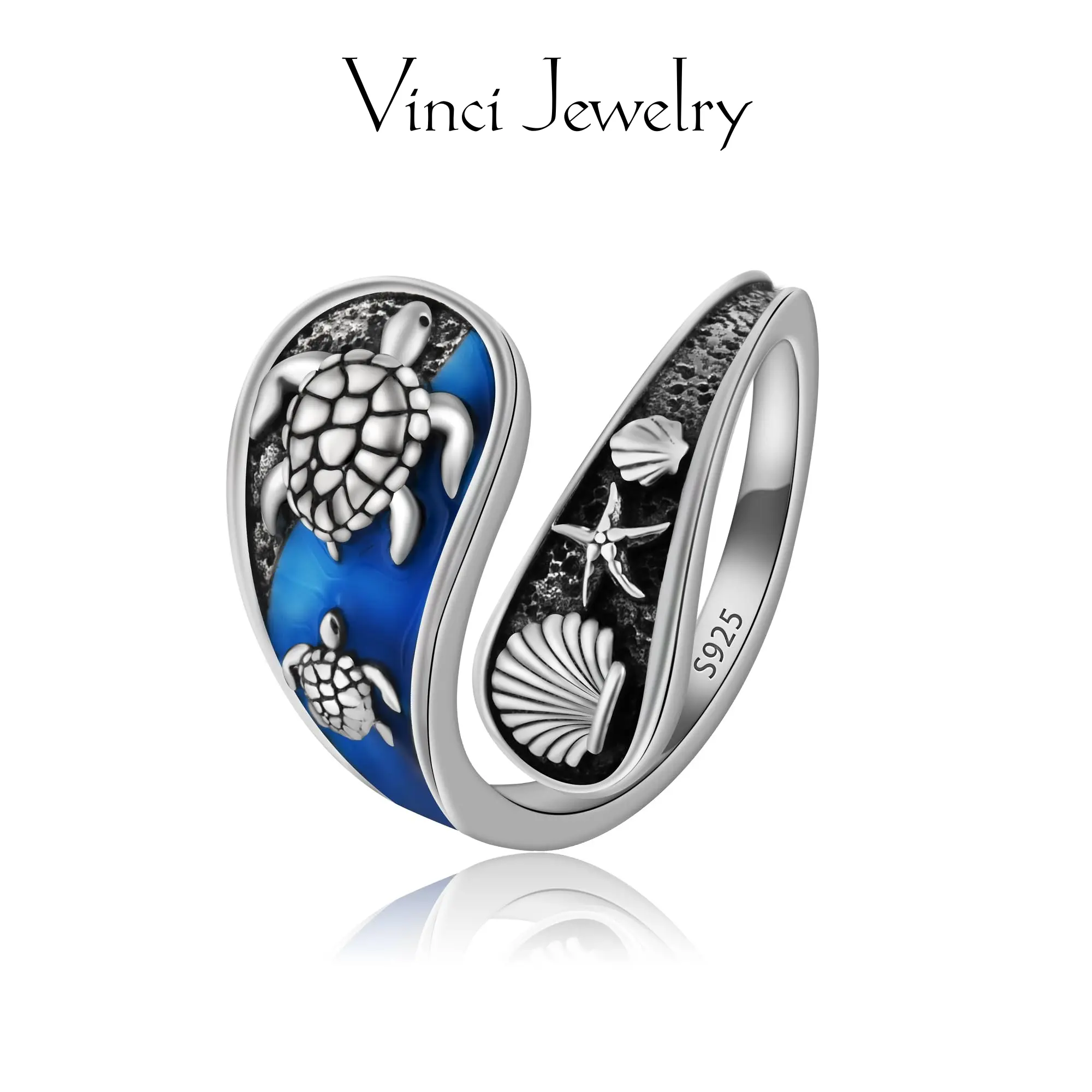 925 Sterling Silver Sea Turtle Open Ring Beach Shells Starfish Design Vintage Sea Theme Adjustable Ring