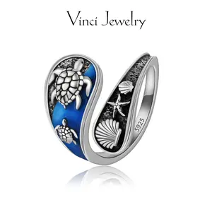 925 Sterling Silver Sea Turtle Open Ring Beach Shells Starfish Design Vintage Sea Theme Adjustable Ring