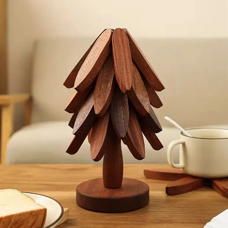 7.8 Inches 4-Piece Plain Bamboo Tree-Shaped Wooden Trivet Set with Gift-Ready Storage Stand, Foldable BPA-Free Eco-Friendly Non-Slip Heat-Resistant Tableware Coasters for Hot Pans, Bowls, Teapots, Christmas Gifts
