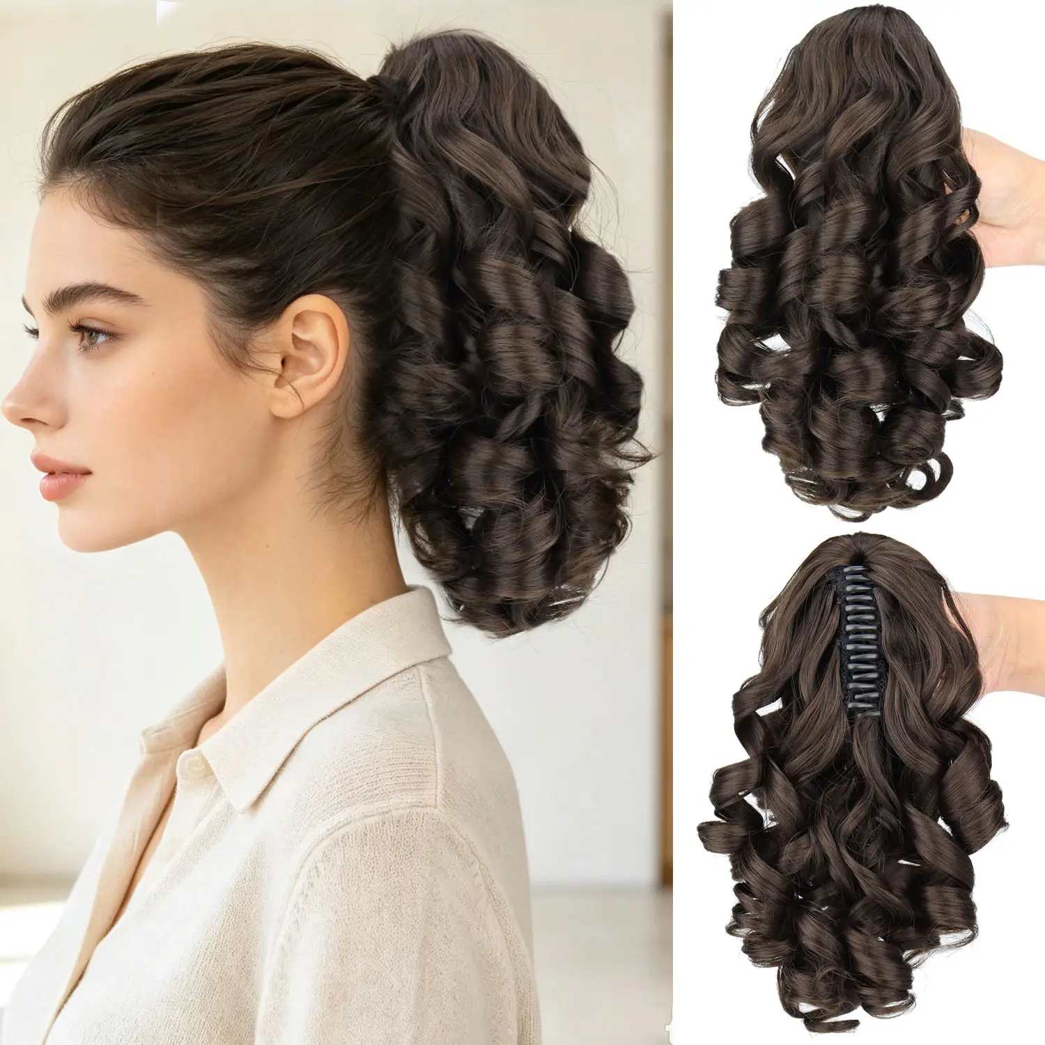 16-Inch Curly Wave Claw Clip Hair Extensions, Heat-Resistant Synthetic Ponytail Hairpiece , Suitable For Women To Wear On Music Festivals And Daily Use
