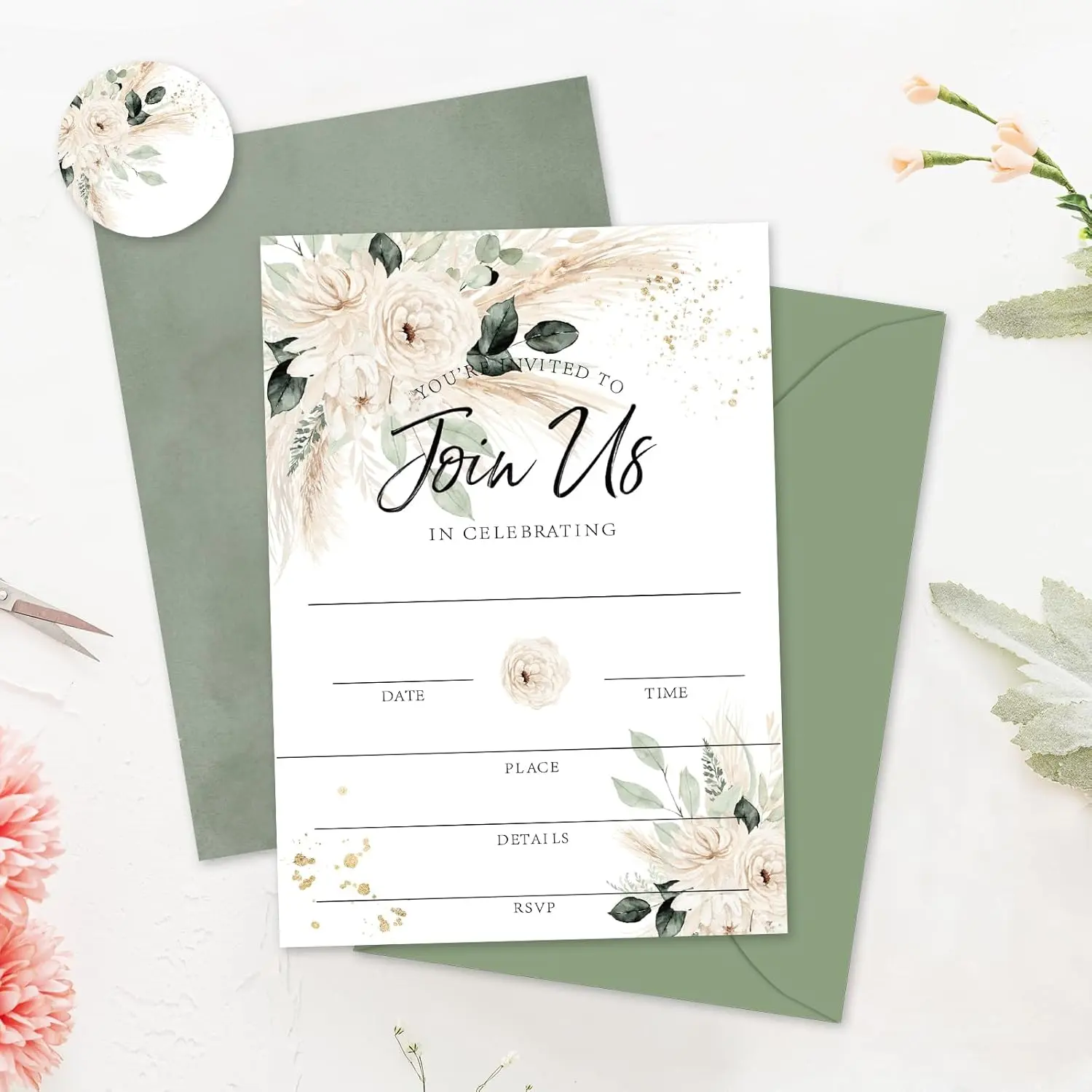 25 Sets Elegant Watercolor Floral Invitation Cards with Envelopes, 5x7 Inch Fill-in Blank Invites with Stickers for Wedding Celebrations