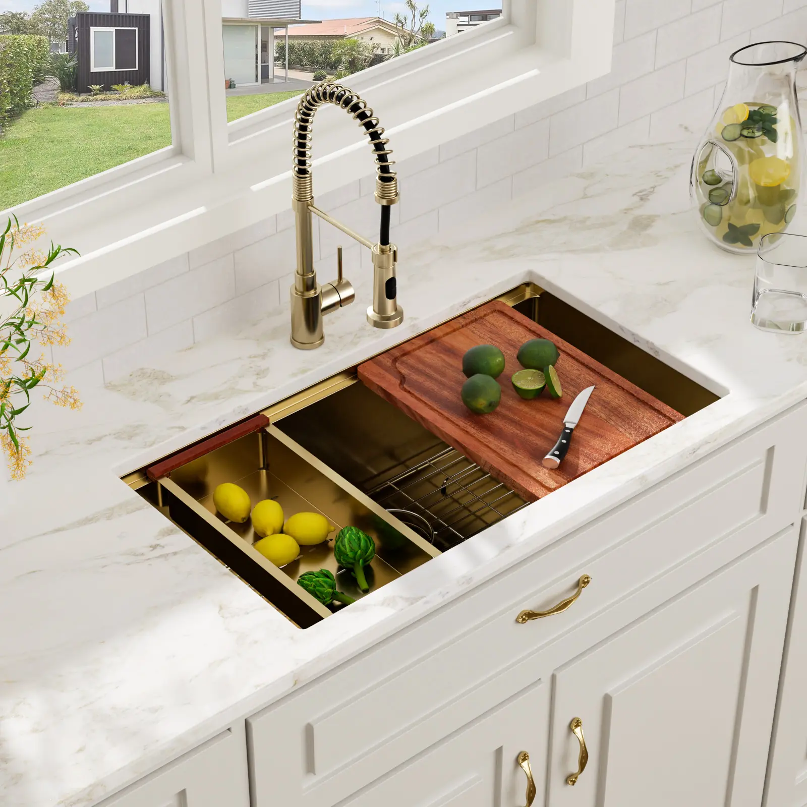Kichae 33"x19" Undermount Vintage Industrial Glam Workstation Kitchen Sink, 16 Gauge Handcrafted T304 Stainless Steel Large Single Bowl with Adjustable Installation & Complete Kitchen Accessories