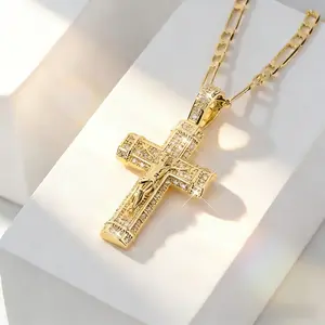14K Gold Plated Crucifix Cross Pendant Necklace with Cubic Zirconia, Figaro Chain, Religious Jewelry for Men and Women