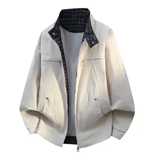 Men’s spring new color-block patchwork jacket — trendy brand men’s turn-down collar loose workwear jacket available as a couple’s matching outerwear; long sleeves with plaid lining, zippered pockets, and a design-forward look; breathable, comfortable fabr