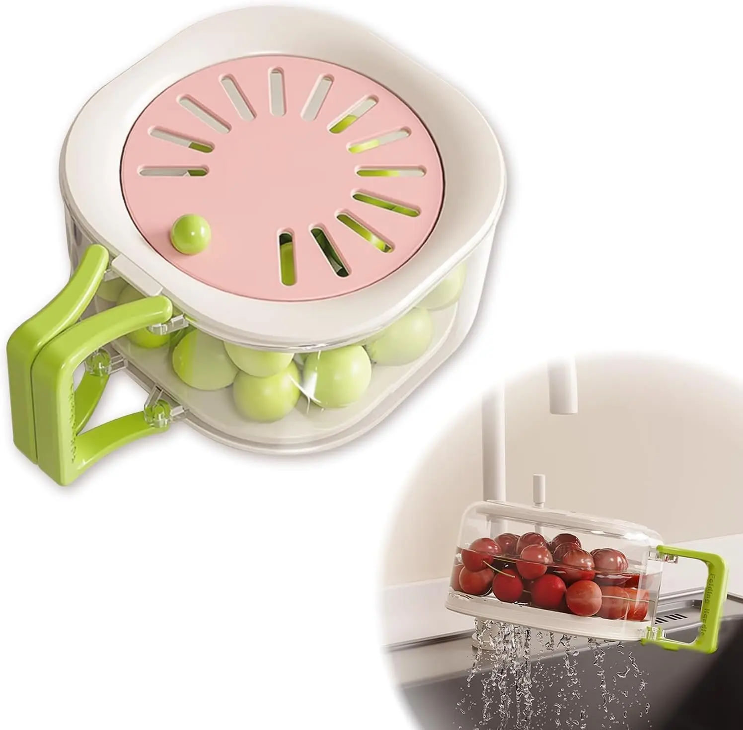 2-in-1 Fruit Washer Colander, 5.9 Inch Vegetable Basket with Strainer Lid, Collapsible Handle Salad Container for Fridge Picnic Camping