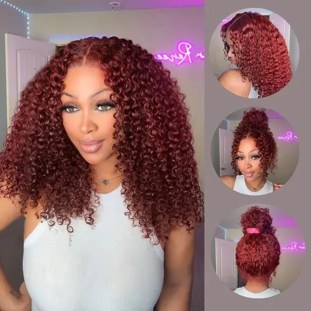 【This Hair Color Ate 】Reddish Brown Kinky Curly Invisi Strap Snug Fit 360/7x5 Transparent Lace Frontal Bleached Knots Pre Cut Lace Wig With Drawstring#Summervibes
