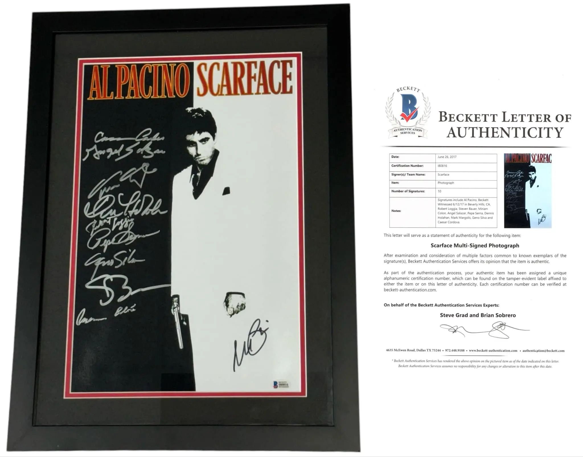 Al Pacino, Robert Loggia, Steven Bauer, Miriam Colon, Angel Salazar, Pepe Serna, Dennis Holahan, Mark Margolis, Geno Silva, & Caesar Cordova 10X Cast signed 11x17 Poster Professionally Framed &amp; Matted Scarface