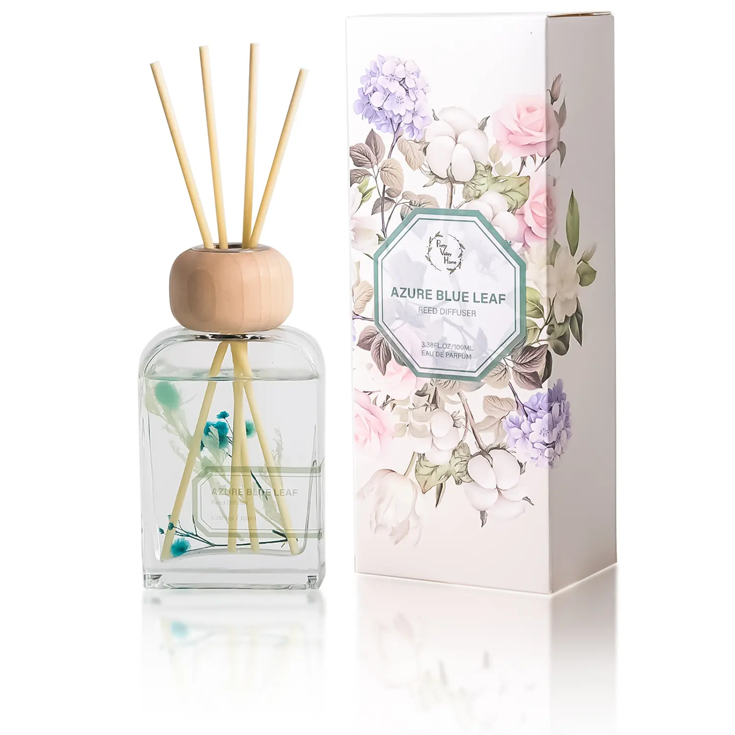 Pretty Valley Home-Azure Blue Leaf Reed Diffuser - Elegant Home Fragrance Gift Set (3.4 fl oz) - Decorative Glass Bottle with Sticks for Bathroom Shelf, Living Room & Housewarming Gift