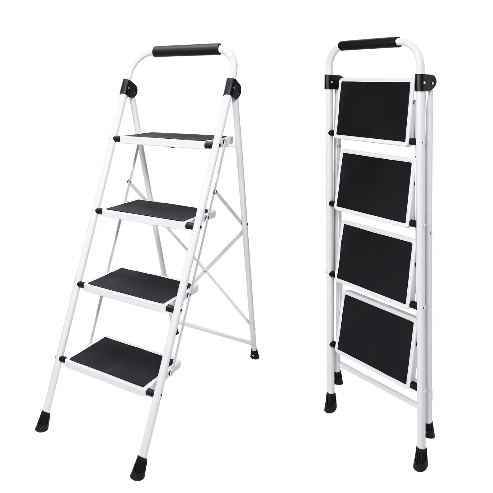 Sweetcrispy Foldable Iron Ladder - Height Access Home Stepstool with Widestep Grip, Anti-Slip Pads, Comfortable Handrails, Sturdy Portable Heavy-Duty Steel Stepstool for Kitchen, Garage Use