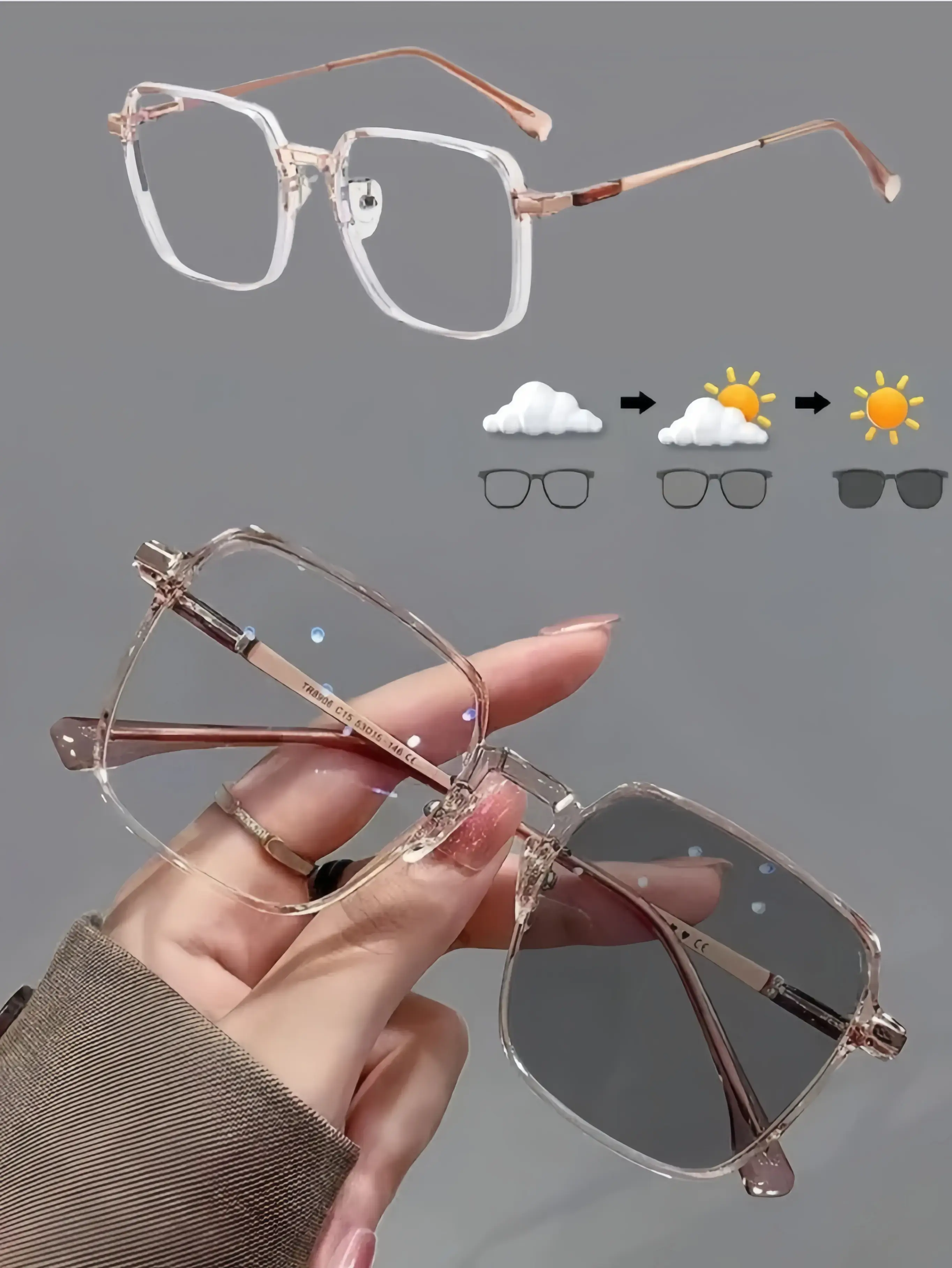 Women's Chic Square Sunglasses - Photochromic Auto-Changing Lenses, Anti-Ultraviolet, High-Quality Metal Frame, Korean Elegant Minimalist Design, Glossy Black Glasses for Women, Outdoor/Indoor Use